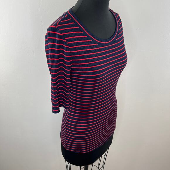 NWT Anthropologie Pure + Good Red & Navy Blue Striped Ribbed Shirt Half Sleeve S - Picture 3 of 7